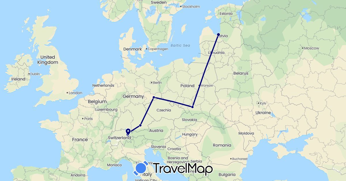 TravelMap itinerary: driving in Austria, Switzerland, Germany, Liechtenstein, Lithuania, Latvia, Poland (Europe)